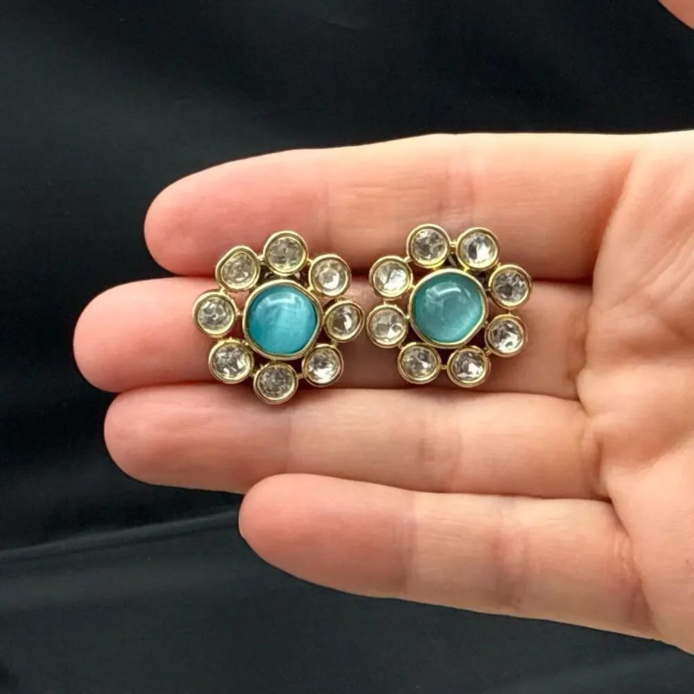 Crystal Halo Earrings Faux Turquoise Glass Cabochon Studs Southwestern Glam‎